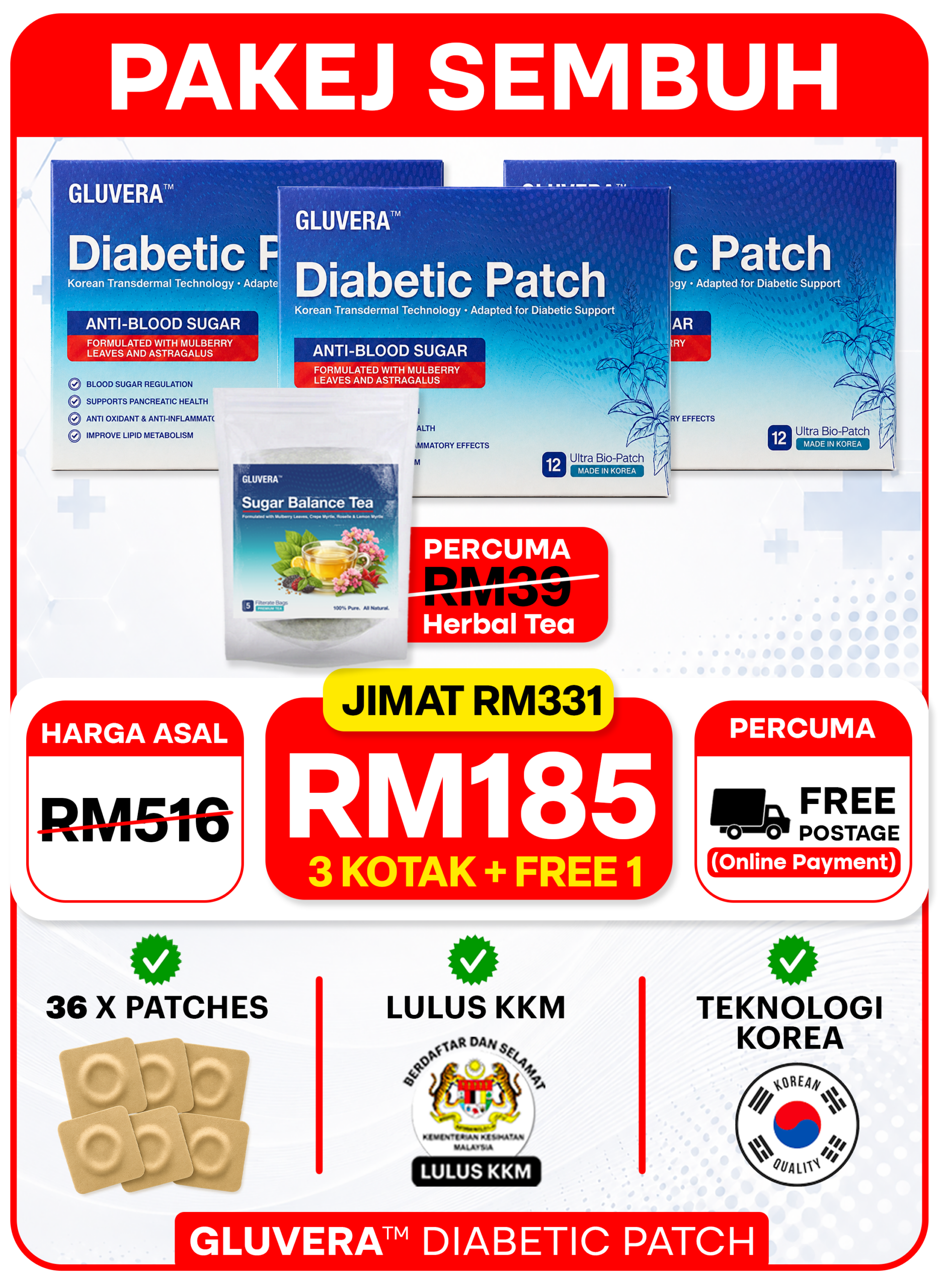 PROMO JUNE - PAKEJ SEMBUH ( 3 KOTAK GLUVERA DIABETIC PATCH + 2 FREE GIFT - FREE 1 KOTAK + 1 GLUVERA TEA )